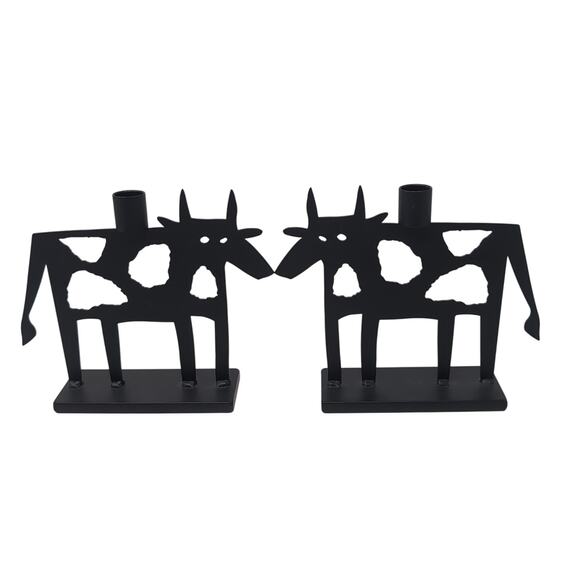 VTG Metal Art Abstract Cow Spots 2 Candle Holders Sculpture Black Far Side HEAVY - Picture 1 of 11